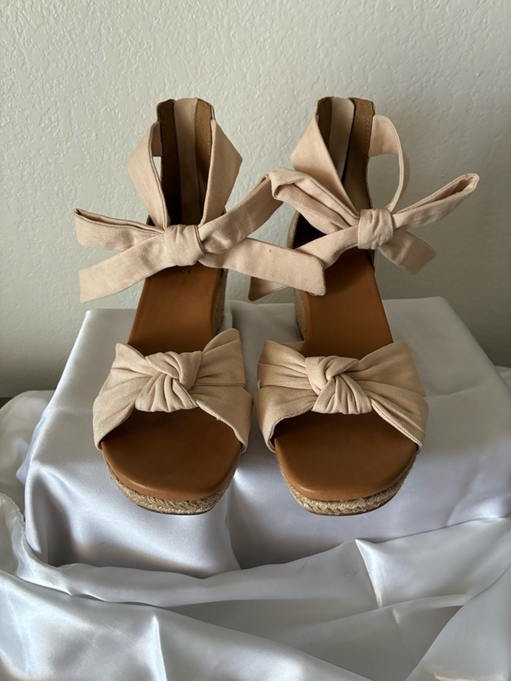UGG Beige Espadrille Wedge Sandals with Ankle Ties